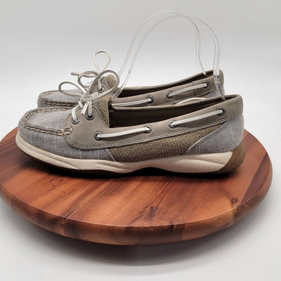 Sperry Top Sider Authentic Original Gray Leather Linen Preppy Slip On Boat Shoe - Picture 3 of 14